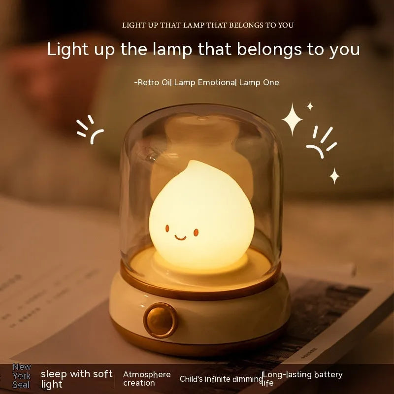 Retro oil lamp design LED night light in green or yellow colour with USB charging port