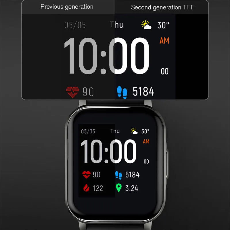 Black waterproof smart bracelet with 1.4-inch screen showing health metrics on silicone wrist strap