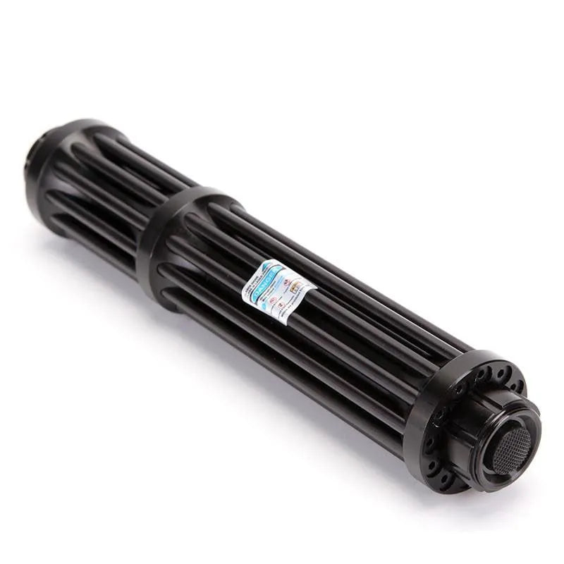 Black anodised aluminium tactical laser flashlight showing tail switch and 168mm length.