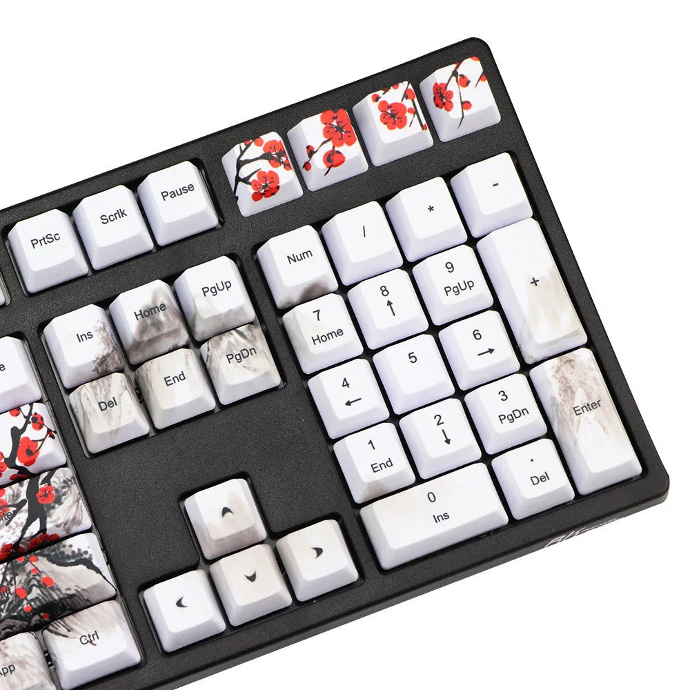 PBT Wangjiang Plum blossom theme keycap set for mechanical keyboards, showing five-sided sublimation printing.