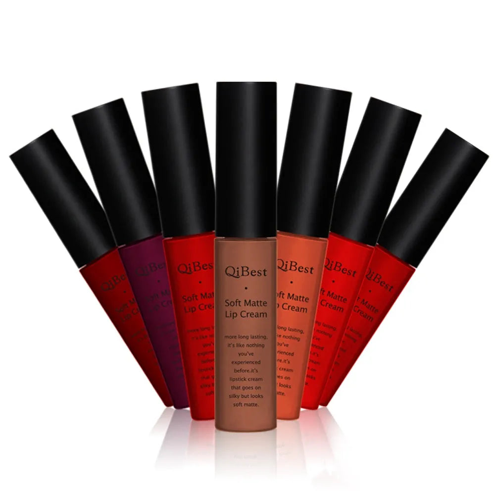 Qibest matte lipstick in sealed packaging with non-stick cup formula 20g weight 34 colours available