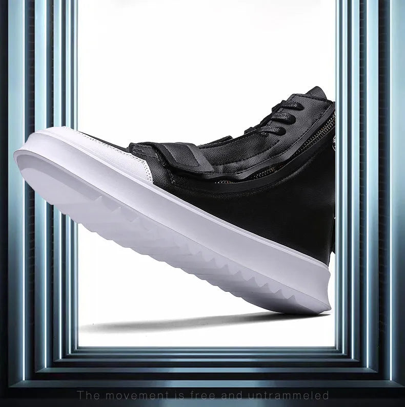 Men's black and white PU leather ankle boots with a high-top sneaker design for winter.