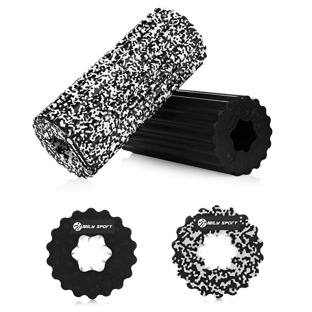 High density EPP foam roller 32 x 14 cm with quincuncial surface, shown in black and white for yoga and muscle massage.