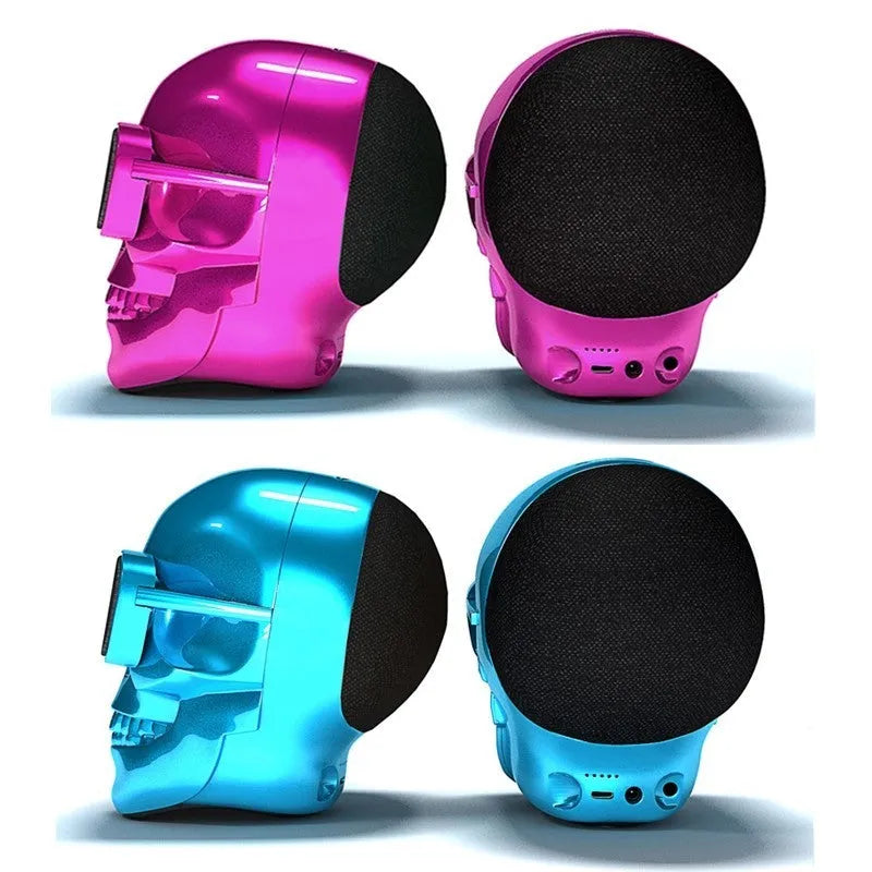 Limited Edition Skull-themed portable Bluetooth speaker in choice of six colours on a table.