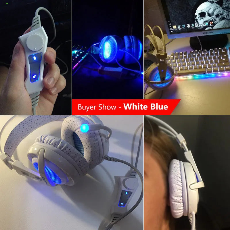 Black and white USB gaming headset with LED lights on ear cups and padded headband.