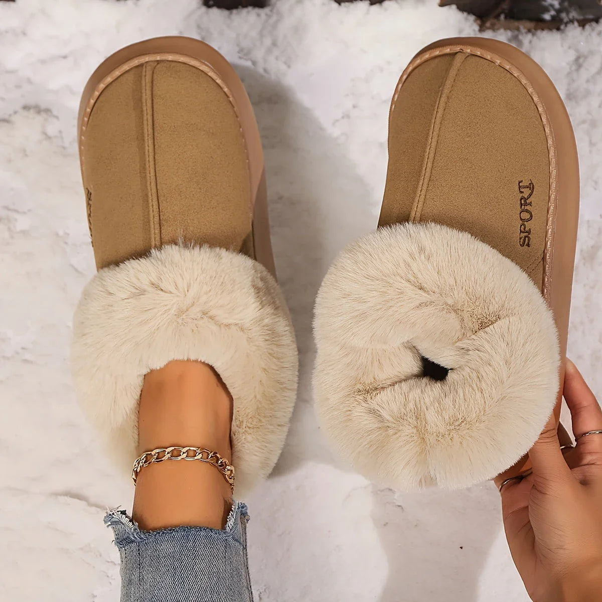 Cozy plush slippers with faux fur lining, non-slip platform, and comfortable fit for indoor wear