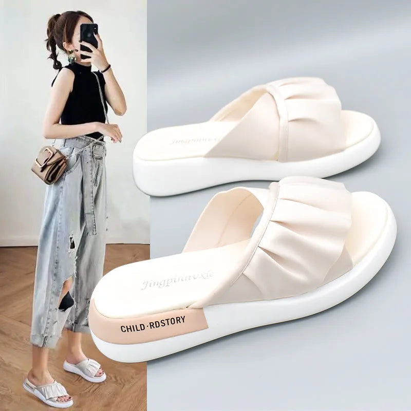 Women's casual sandals with waterproof platform, silk upper, and middle heel in beige colour