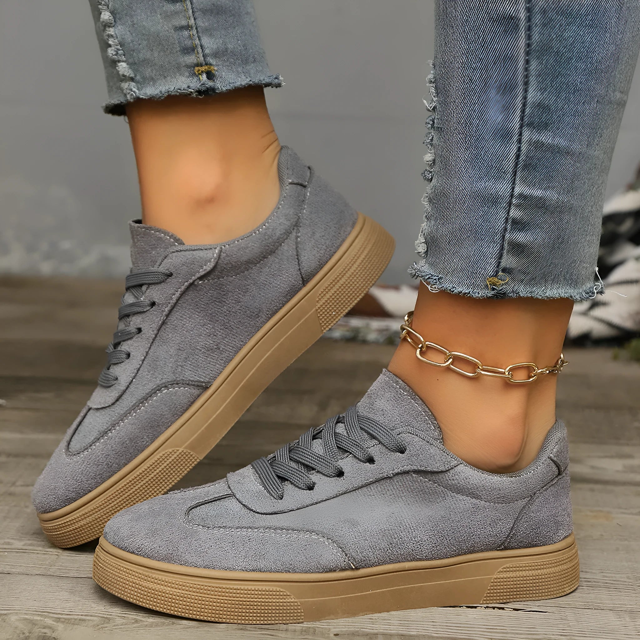 Khaki casual round toe lace up shoes for women with cross shoulder straps and low rubber sole