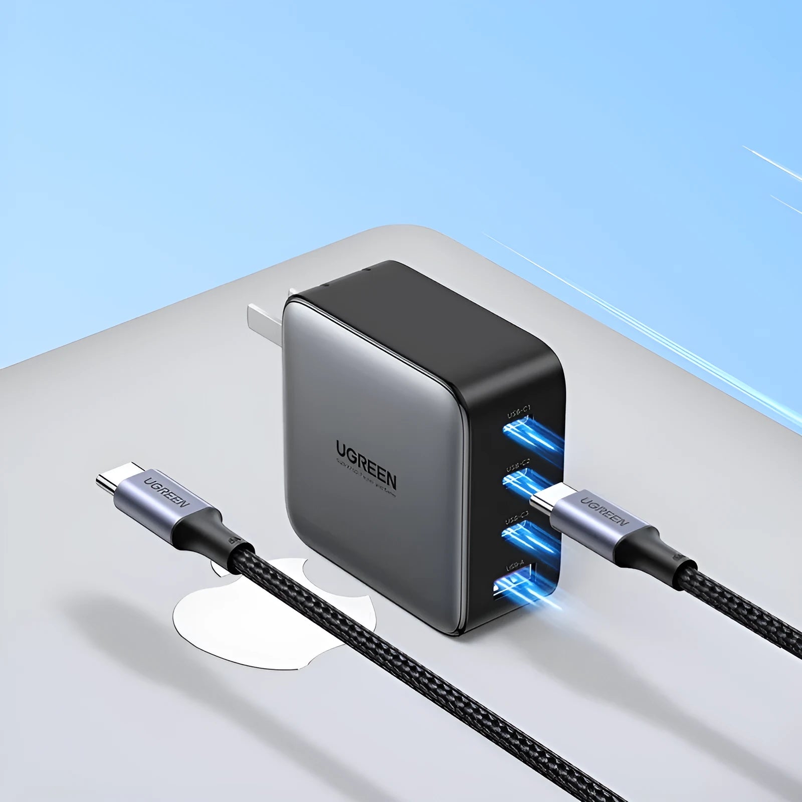 100W gallium nitride multi-port USB charger with compact dimensions