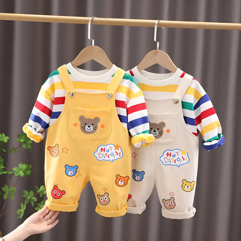 Boys' yellow beige plaid cotton overalls suit with button-up shirt and strap trousers
