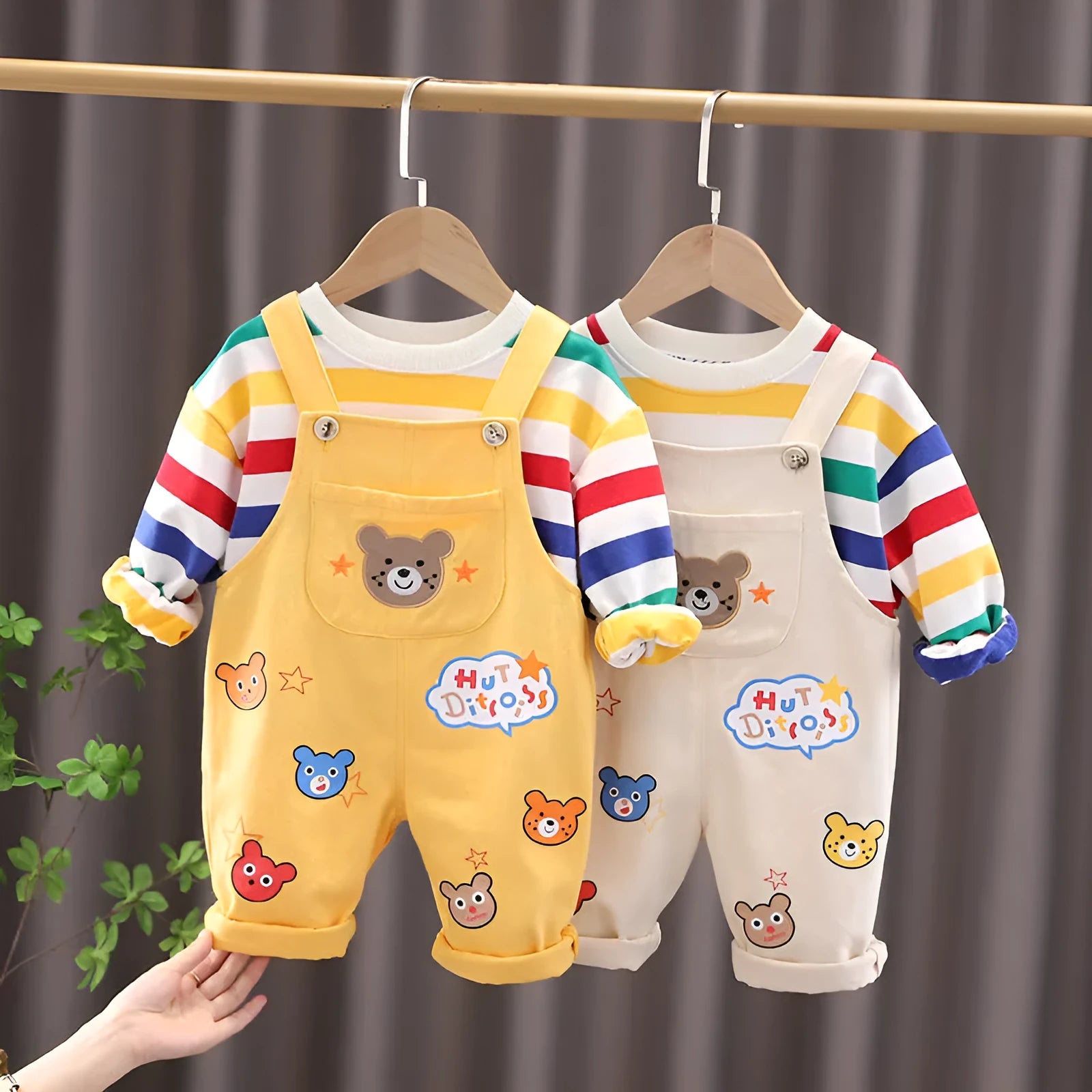 Boys' yellow beige plaid cotton overalls suit with button-up shirt and strap trousers
