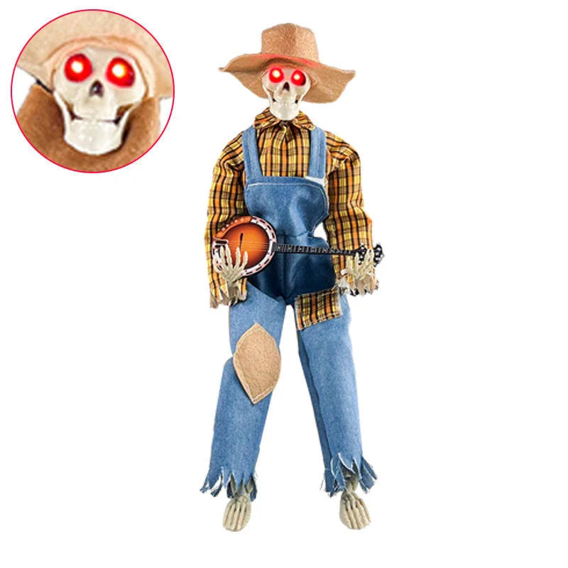 A glowing skeleton decoration holding a bandaged banjo, perfect for spooky Halloween displays