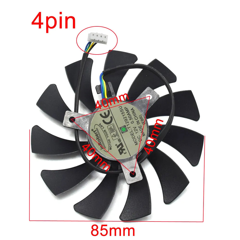 Black 85mm PC cooling fan with 4-pin power connector for graphics card and case ventilation