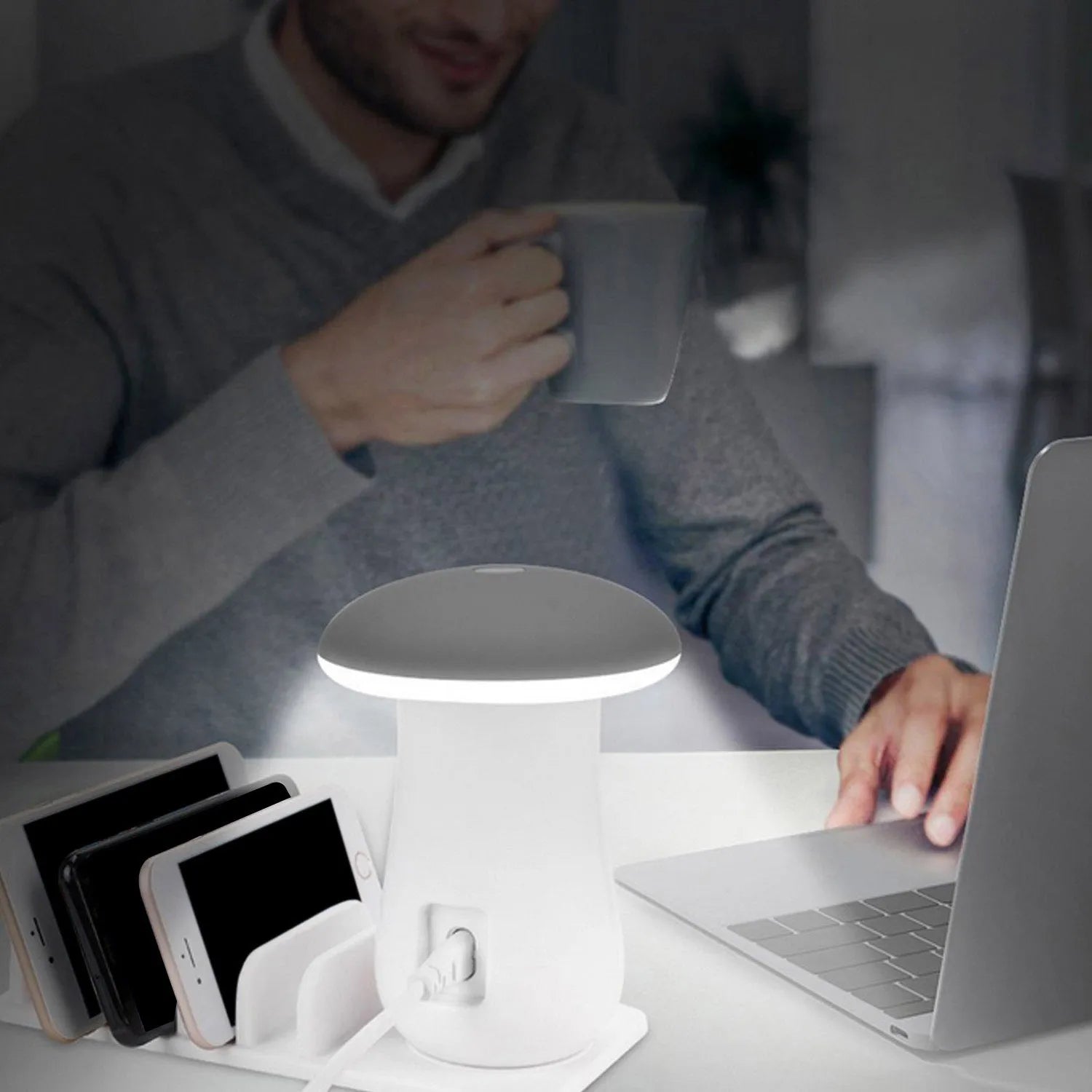 Besegad 5-port USB charging station with mushroom-shaped LED night light on desk