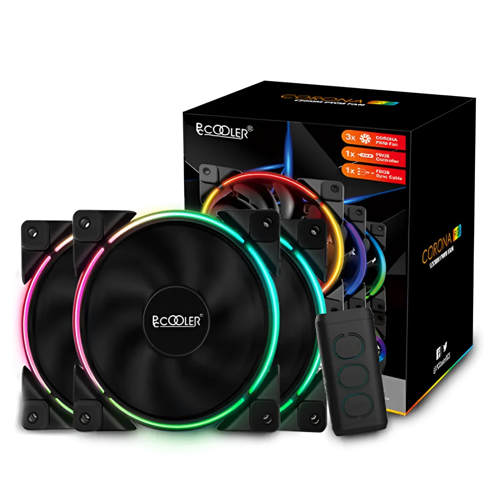 Three black 12 cm RGB computer chassis fans with hydraulic bearings and adjustable speed control