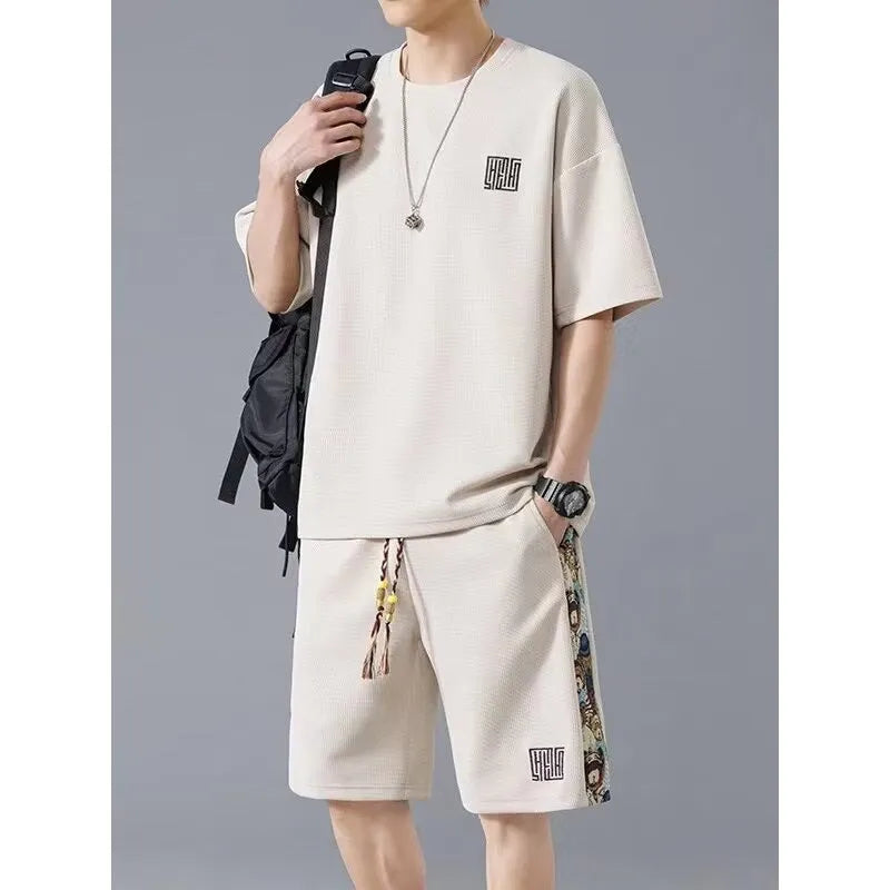 Waffle embroidery short sleeve two-piece set in apricot with matching shorts