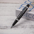 Short black metal ballpoint pen with rotating mechanism showing 112mm length