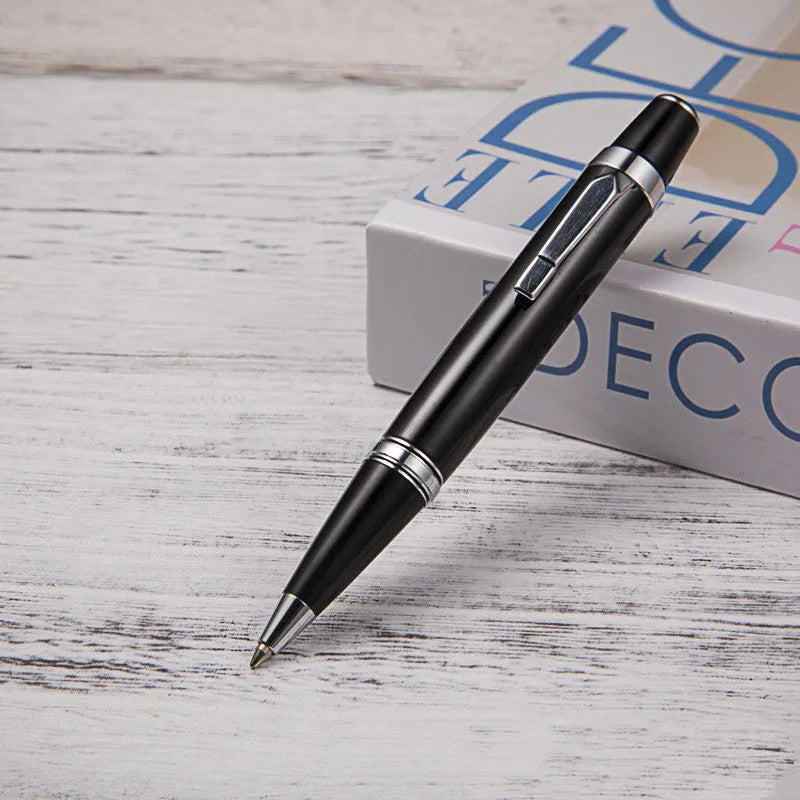 Short black metal ballpoint pen with rotating mechanism showing 112mm length