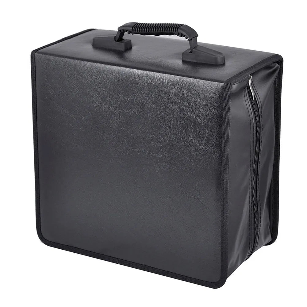 Black Oxford cloth CD and DVD storage organiser bag with a hand strap and zipper.