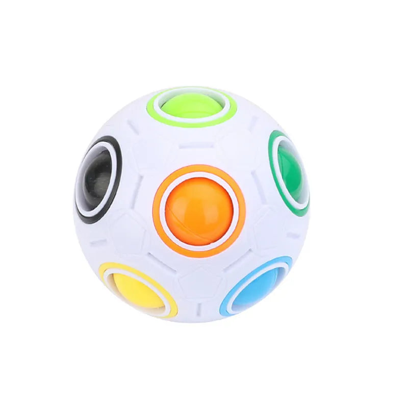 Rainbow coloured ball puzzle with multiple holes showing balls inside plastic sphere