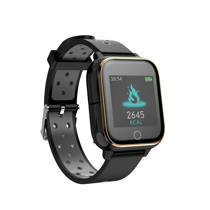 Black smart watch bracelet with integrated Bluetooth earbuds stored in charging cabinet