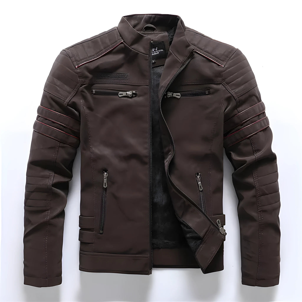 Men's PU leather jacket in green, black, or brown, sizes L to 4XL, Asian sizing guide