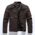 Men's PU leather jacket in green, black, or brown, sizes L to 4XL, Asian sizing guide