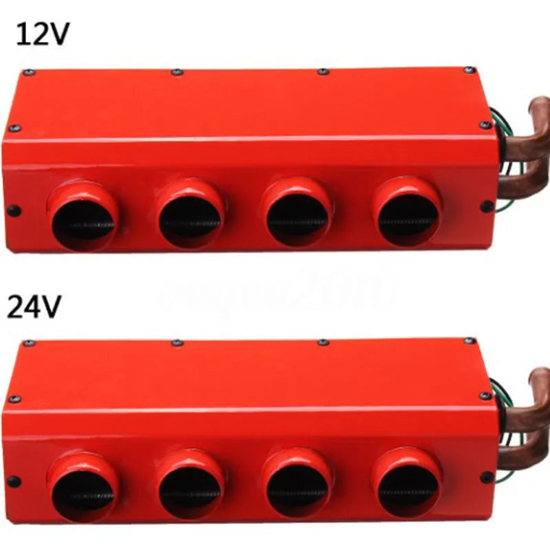 Compact metal car heater with four copper pipe connections for small vehicle engine waste heat system