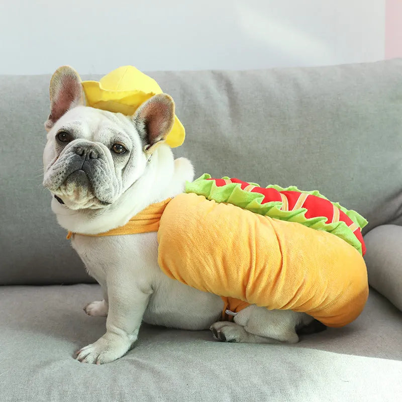 Yellow dog hot dog costume on small dog with 57cm neck and 27cm length cotton synthetic fibre fabric