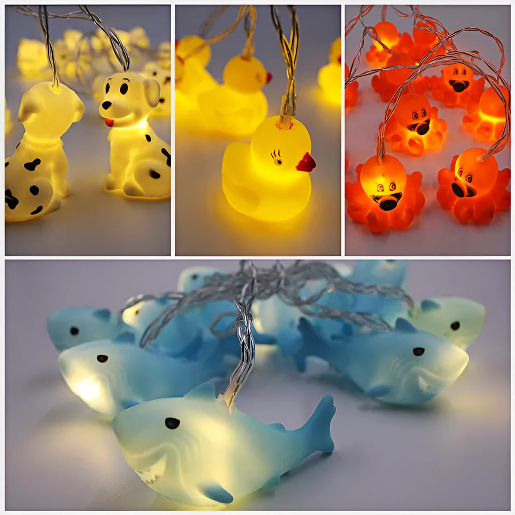 Vinyl animal LED light string 1.8m with 10 battery-operated animal pendant lights on a white background