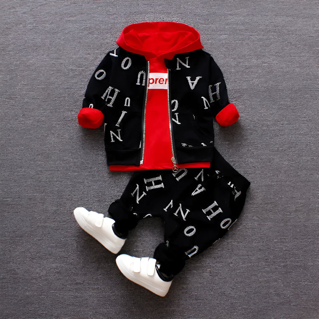 Red and white children's clothing set with long sleeves in sizes 80cm, 90cm, 100cm, and 110cm