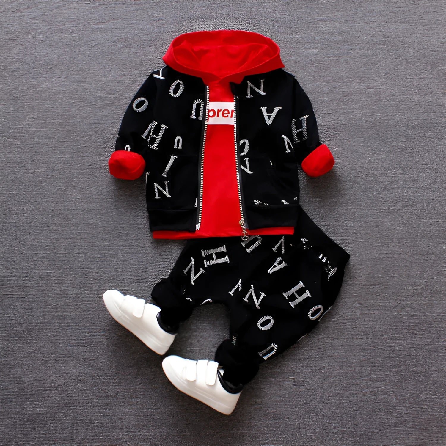 Red and white children's clothing set with long sleeves in sizes 80cm, 90cm, 100cm, and 110cm