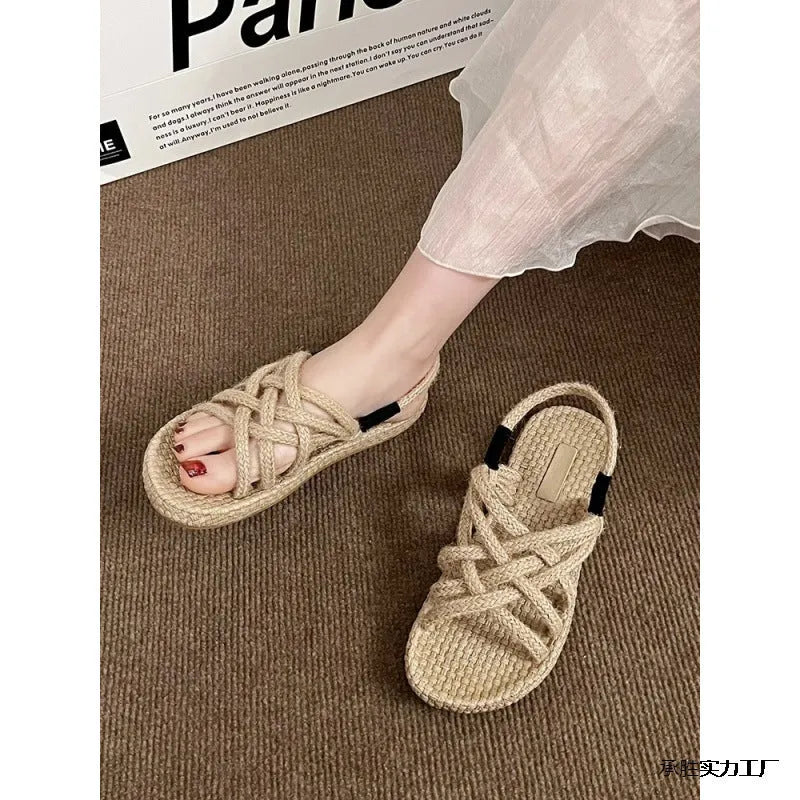 Braided hemp rope sandals in black or khaki, lightweight non-slip rubber sole, sizes 35-40