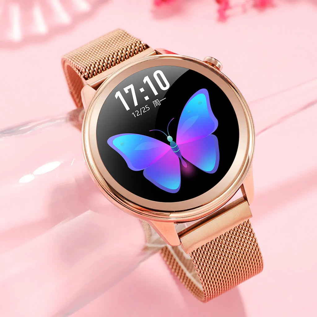 Fashion smart watch with heart rate and blood pressure display on 1-inch glass screen, black steel strap