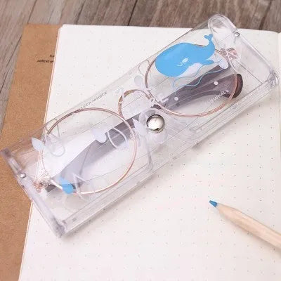 Transparent PVC glasses storage box with cartoon animal design, 15cm x 6cm x 2.7cm