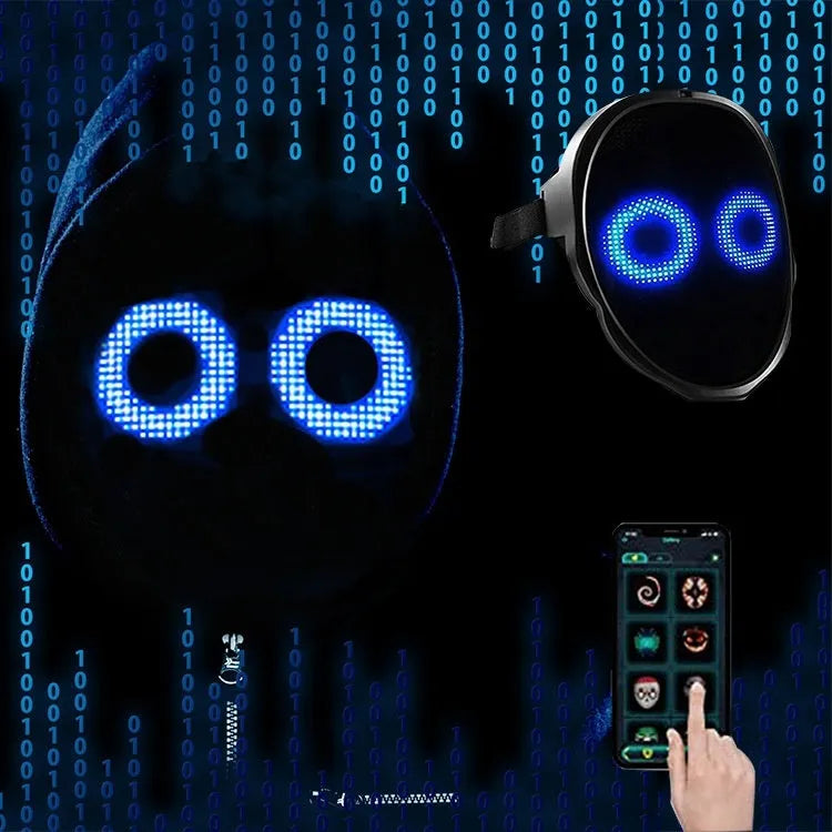 Avengers-themed electronic LED face mask with multi-colour changing lights on display.