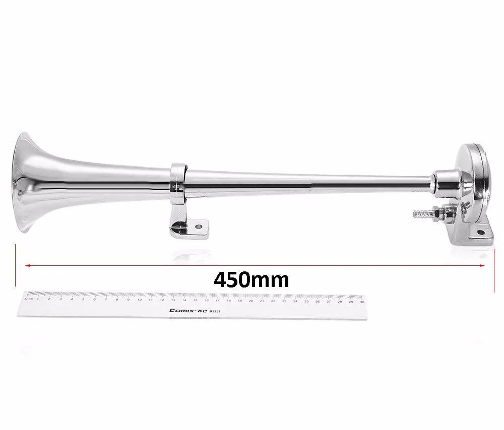 12V single trumpet loud car horn with chrome finish, 450mm length, on a white background