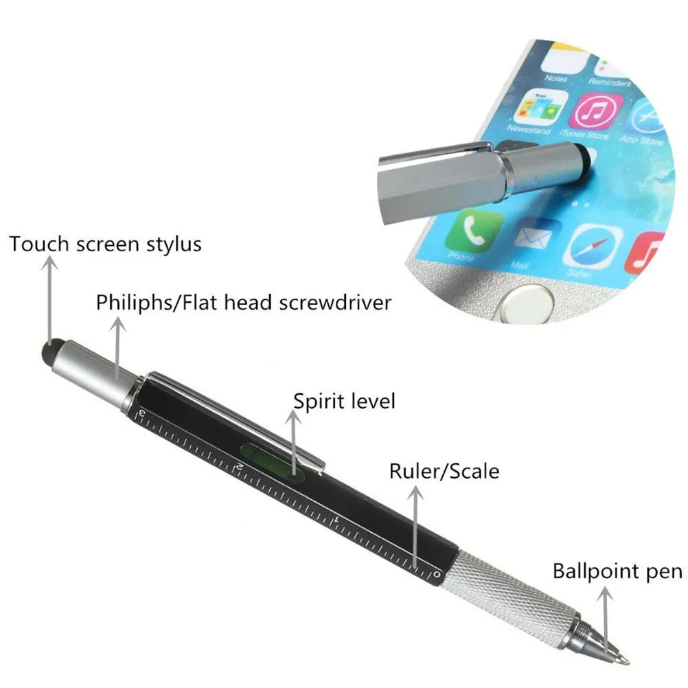 6 in 1 touch screen stylus ballpoint pen with spirit level, screwdriver tips, and scale