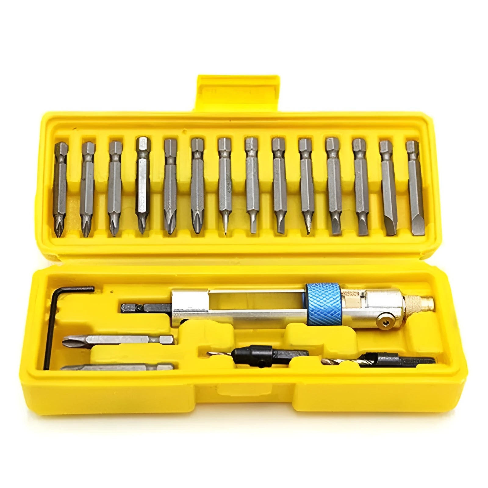Half Time Drill adapter tool with swivel head and set of 18 drill bits including Phillips, flathead, and countersink sizes