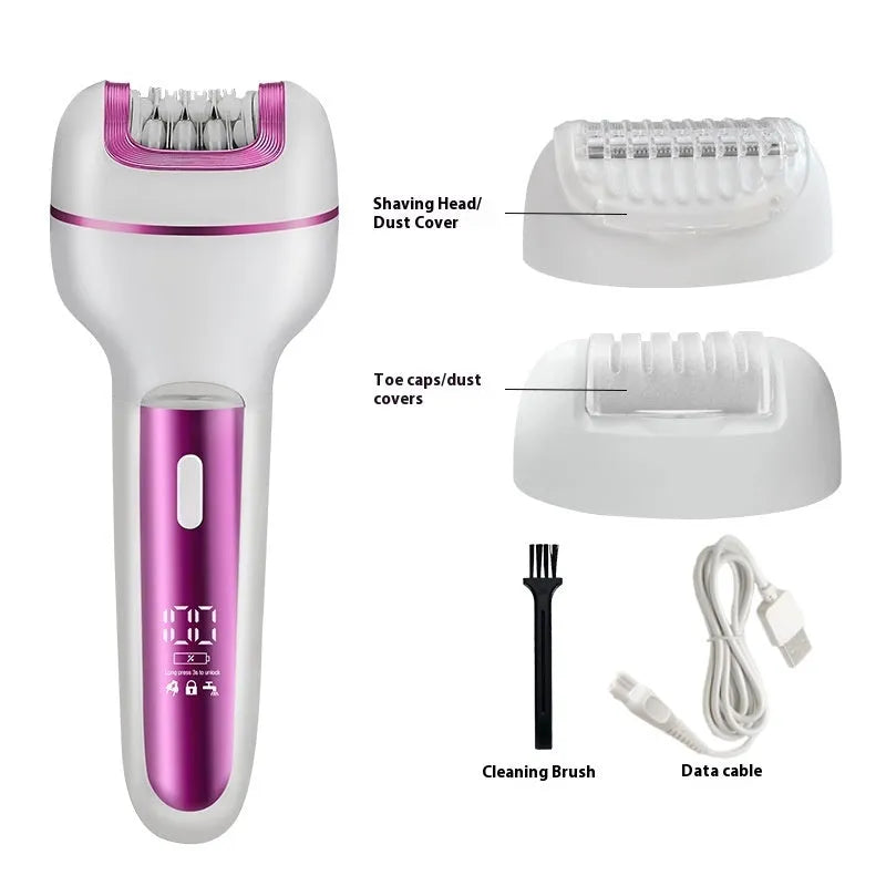 Pink three-in-one ladies electric depilator set with USB cable, shaver head, plucking head, foot grinder, and cleaning brush on a white background