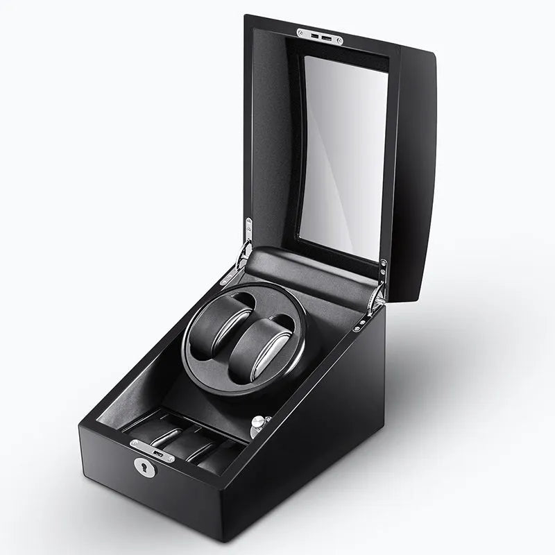 Black mechanical watch winder with piano paint finish, multiple rotation modes, and EU/US plug option.