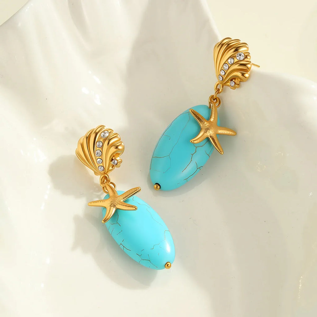 Natural stone turquoise earrings with stainless steel eardrop, 18K electroplated star and geometric shapes