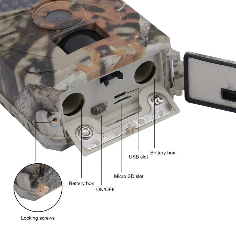 JPEG Trail Wildlife Camera 20MP with camouflage finish, wide-angle lens, and infrared LEDs for outdoor night vision monitoring