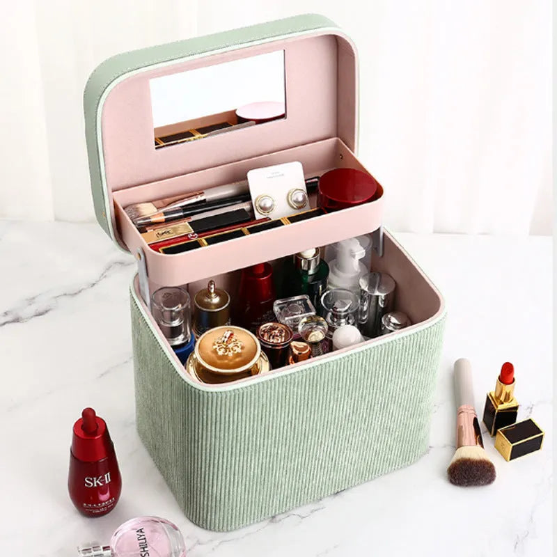 Large corduroy cosmetic storage box with lining, shown in a solid colour.