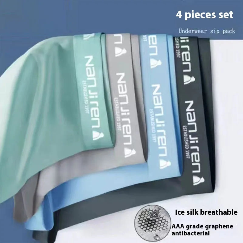 Men's ice silk boyshorts graphene antibacterial quick dry breathable pack of 4 size L-5XL