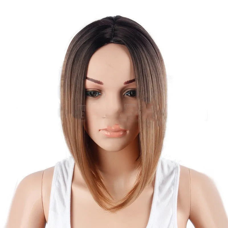 Black brown gradient short ladies wig cover 13 inches 33 cm high temperature silk full mechanism