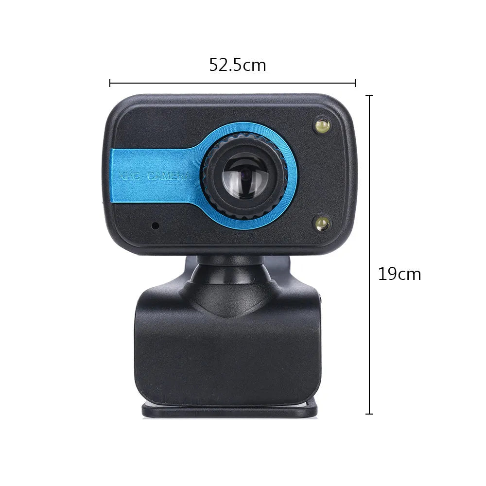 Blue mini USB webcam with rotating base on a laptop screen.