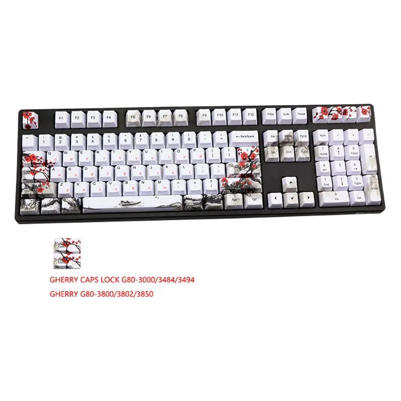 PBT Wangjiang Plum blossom theme keycap set for mechanical keyboards, showing five-sided sublimation printing.