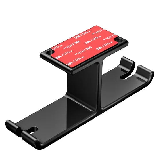 Under desk dual headphone hanger in aluminium alloy, 10 x 2.8 x 4.5cm, black or silver, holding two headphones.