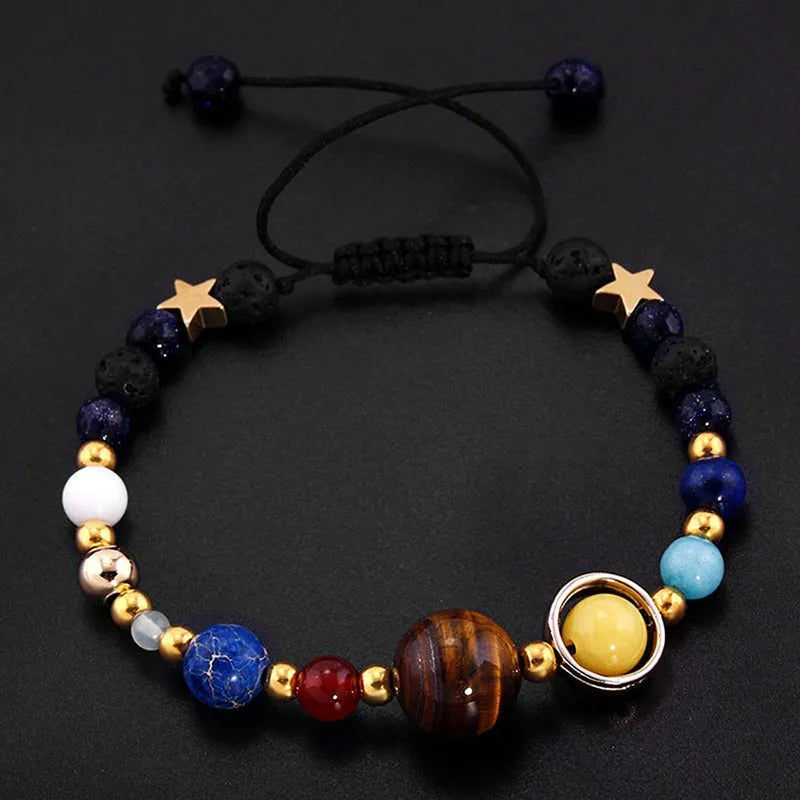 Eight planets natural stone bead bracelet with lapis lazuli, aquamarine, labradorite, tiger eye and red agate on wax rope or elastic string.